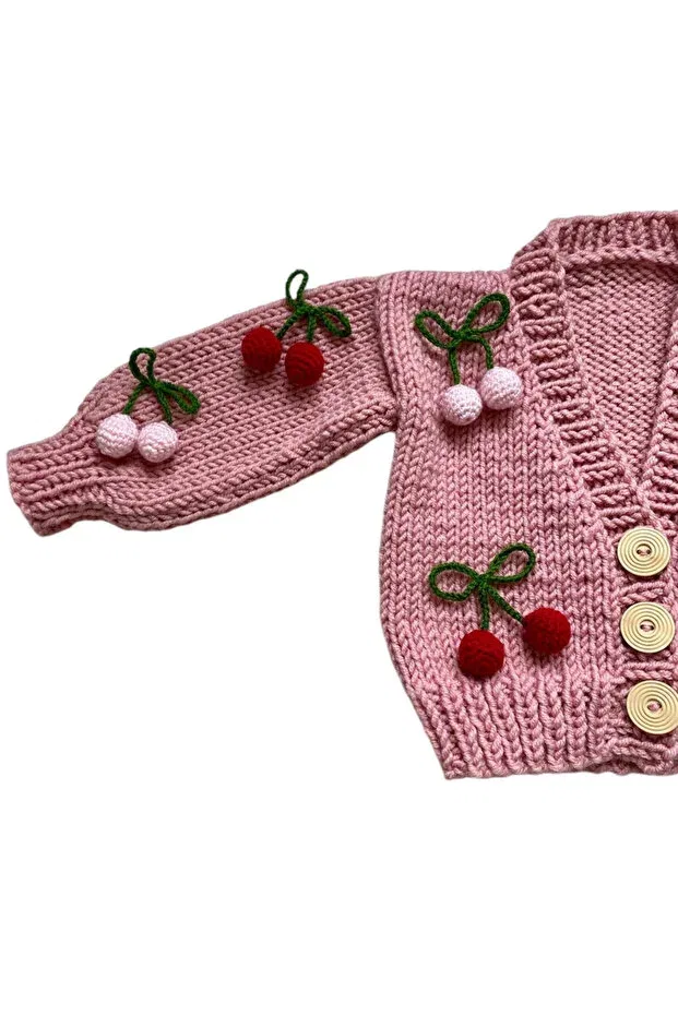 Детский кардиган для девочек с принтом Cherry Patterned Hand Knitted El Örgüsü, Pink — фото 2