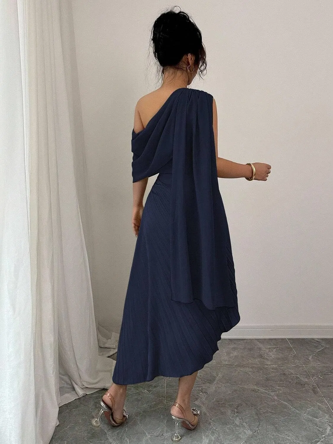 Женское повседневное платье миди с одним плечом, складками, Navy Blue — фото 2