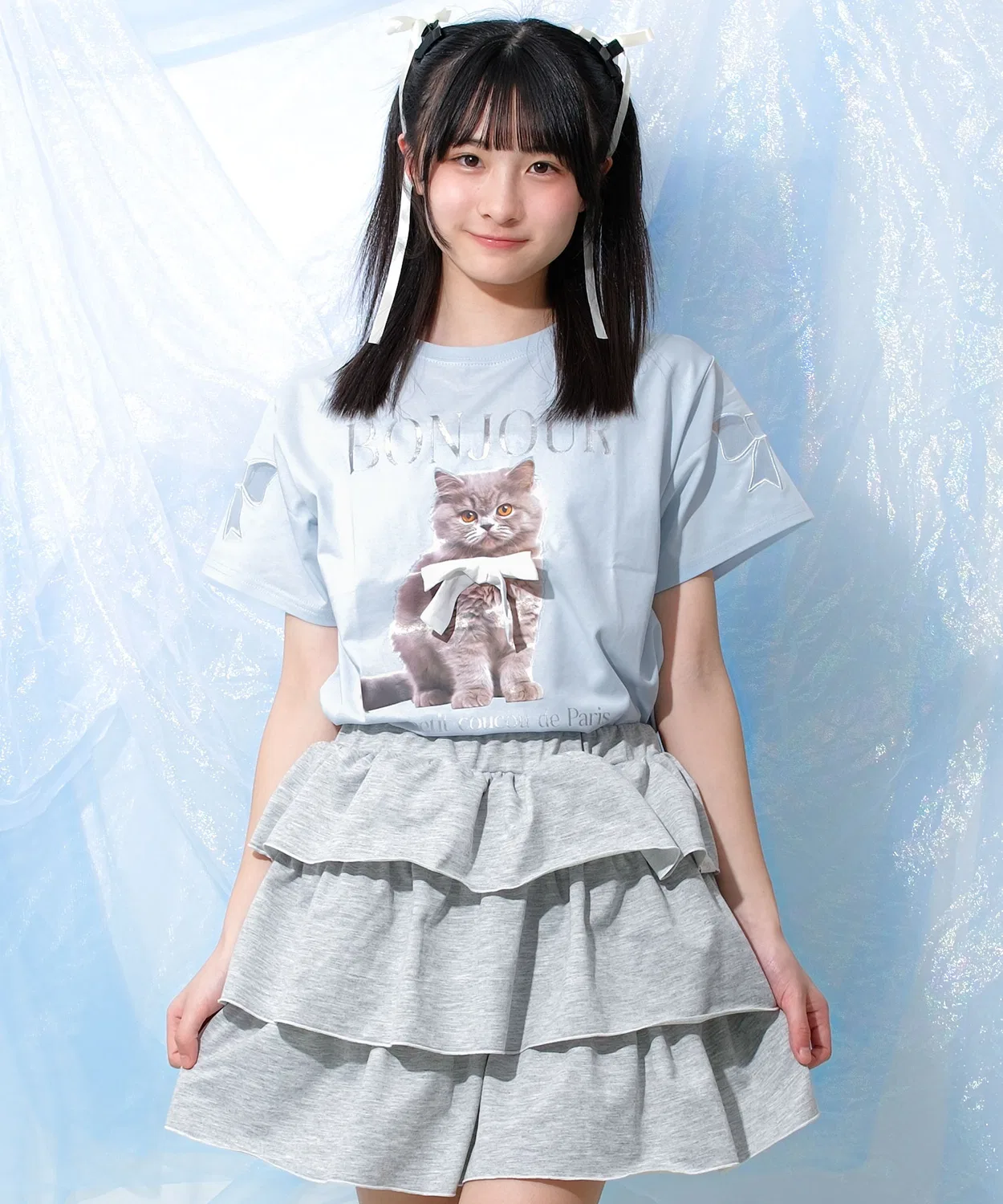 Детская футболка с принтом и лентой Ribbon Cat T-shirt RiCO SUCRE, Sax Blue