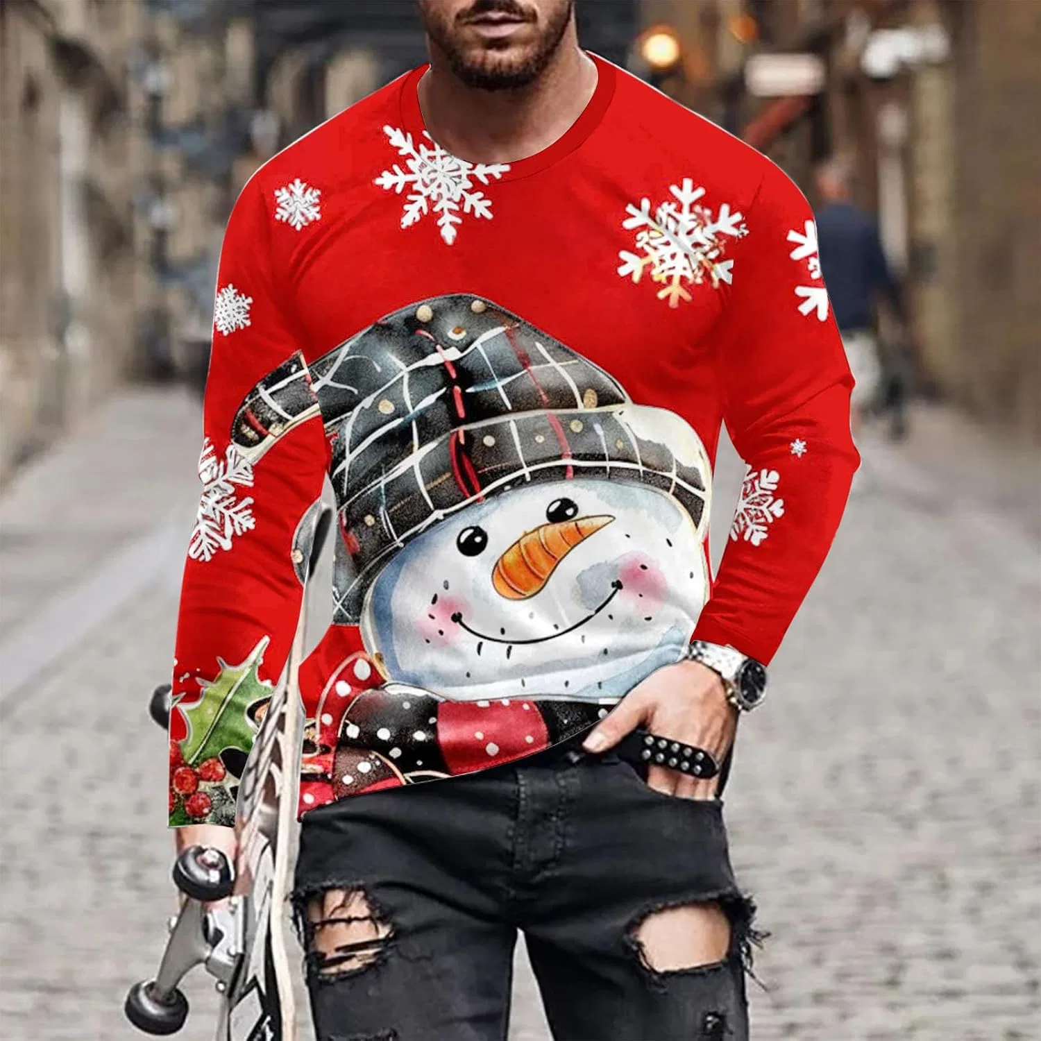 Мужская футболка с принтом снеговика Crewneck Pullover, Red — фото 2