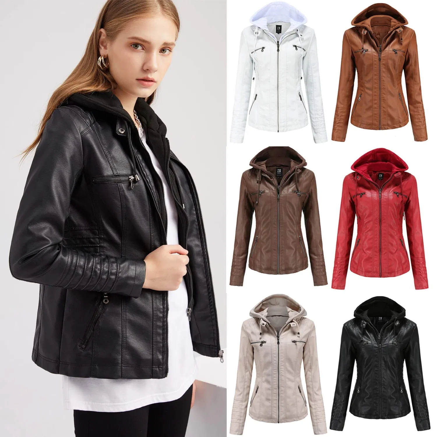 Женская куртка из экокожи с капюшоном, модель 2 in 1 Full Zipper Hooded, Beige — фото 4