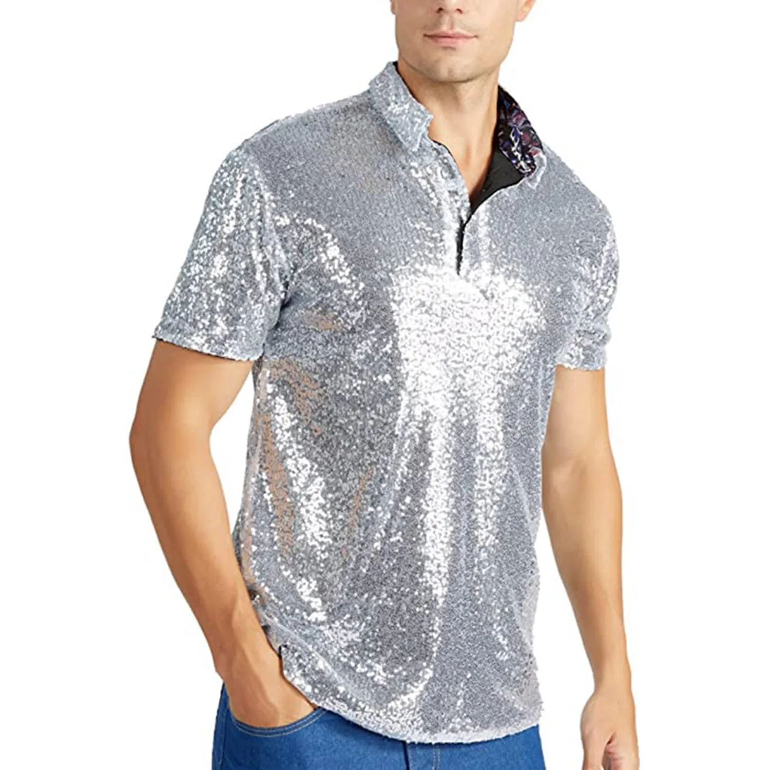 Мужская рубашка с коротким рукавом с пайетками 70s Party Shirt, Silver