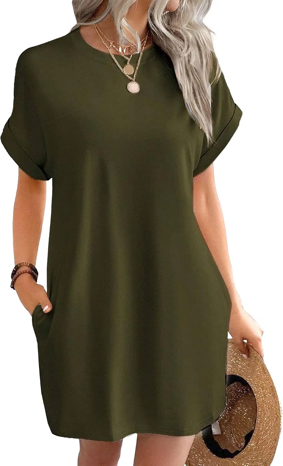 Женское свободное платье-футболка с карманами Army Green