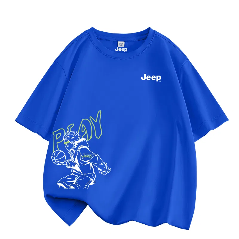 Детская футболка с принтом Jeep, Royal Blue/E Hit Basketball Bottom Right+E White Logo K