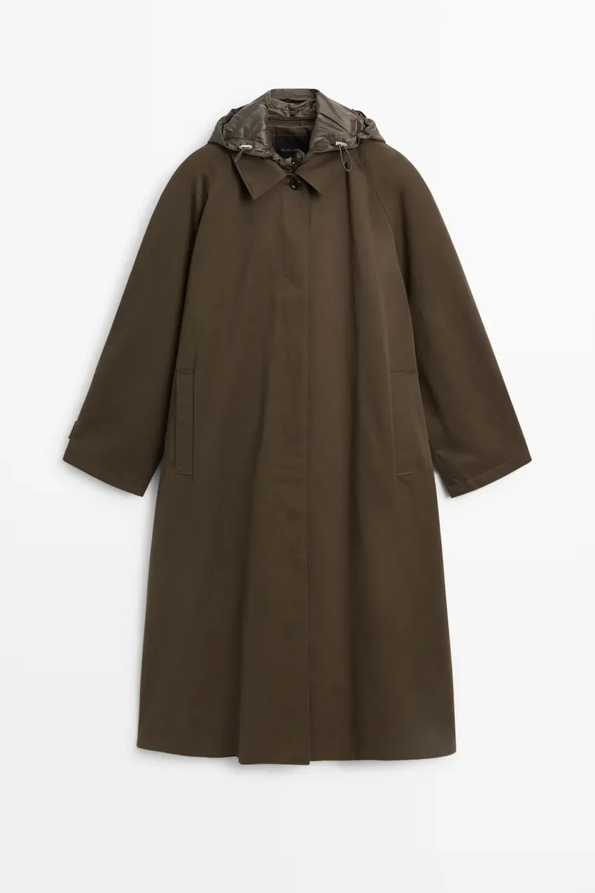 Tренч Massimo Dutti Removable Hood, хаки
