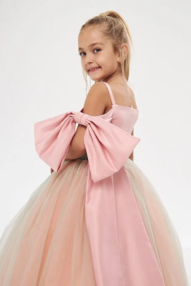 Детское вечернее платье для девочек без рукавов Green Pink Sleeve Bow Zühre Balaban, Green Pink