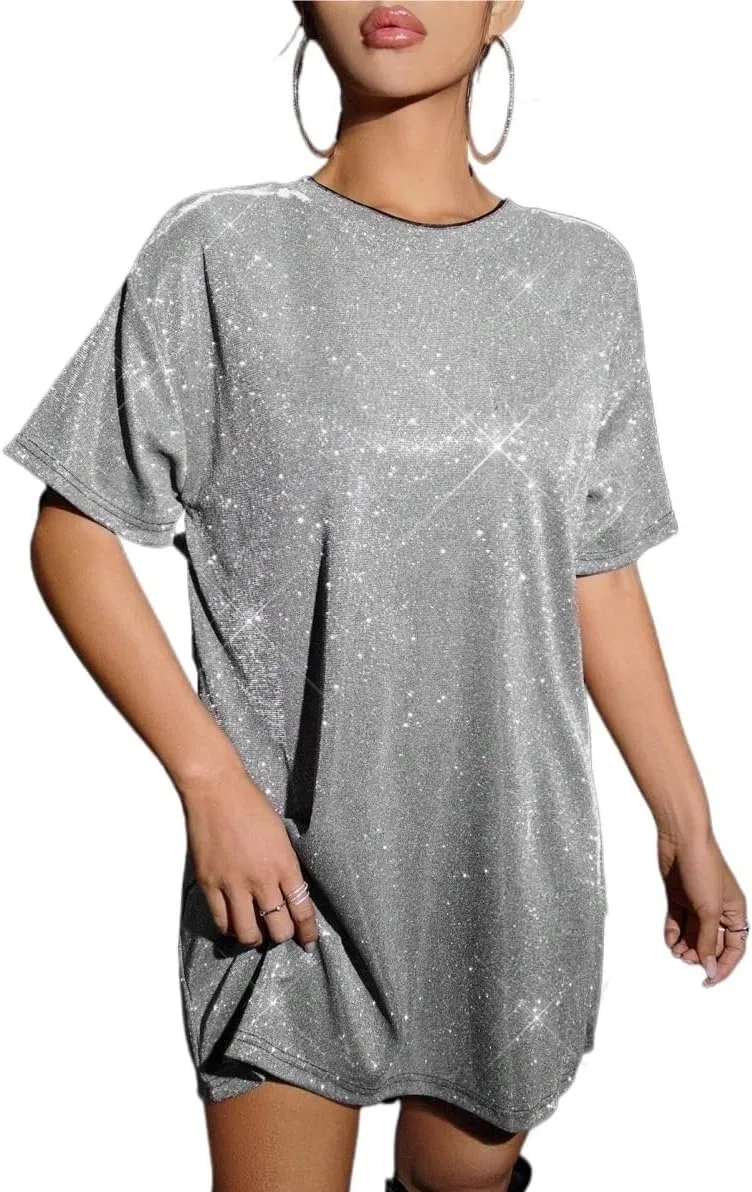 Женское мини-платье с пайетками свободного кроя Drop Shoulder, Silver