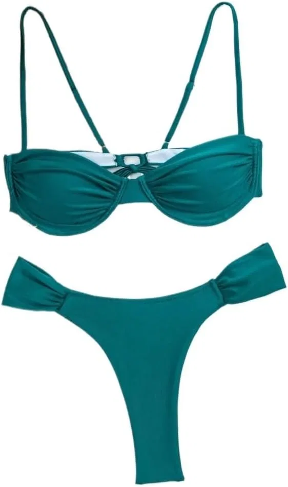 Женский бикини-сет с высокой талией и драпировкой Push Up, Dark Green