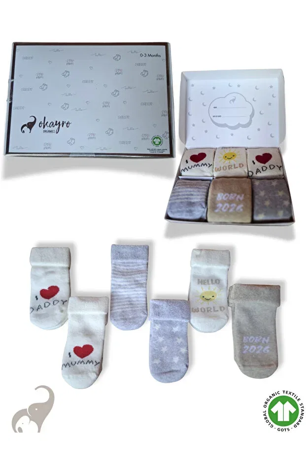 Детские носки для новорожденных с рисунком, набор 6 штук Okayro Organic, Multicolor