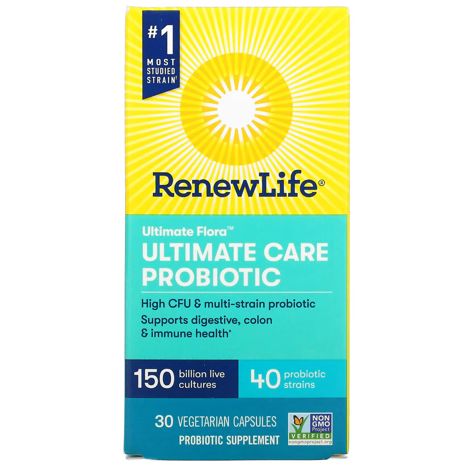 

Renew Life, Ultimate Flora, Ultimate Care, пробиотик с повышенной силой действия, 150 млрд живых культур, 30 вегетарианских капсул