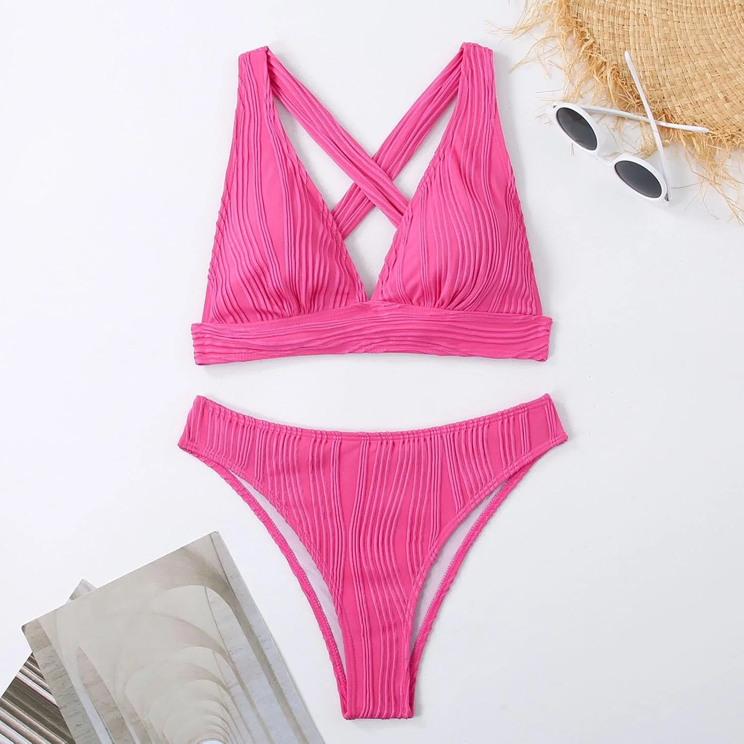 Женский бикини-сет с глубоким V-вырезом и завышенной талией, Hot Pink — фото 3