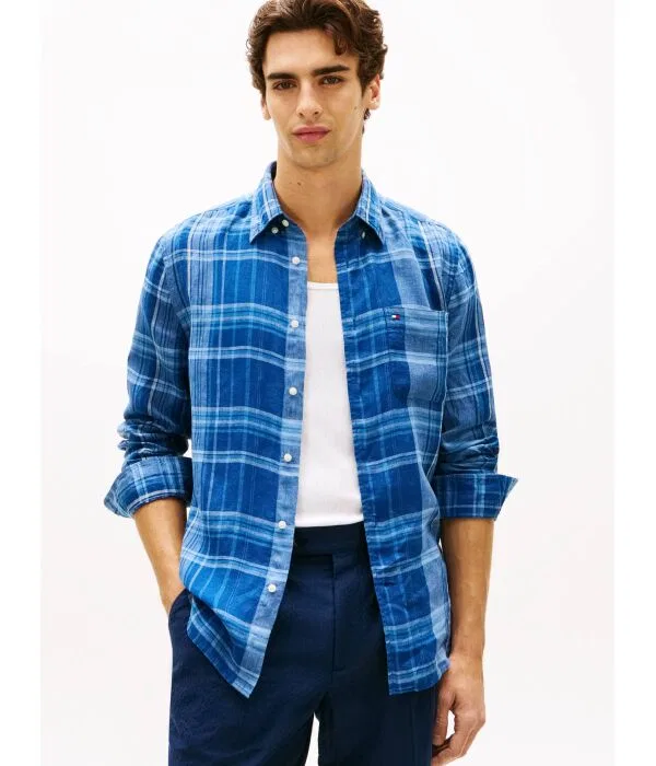Мужская льняная рубашка с длинным рукавом Summer Madras Tommy Hilfiger, Blu Marino