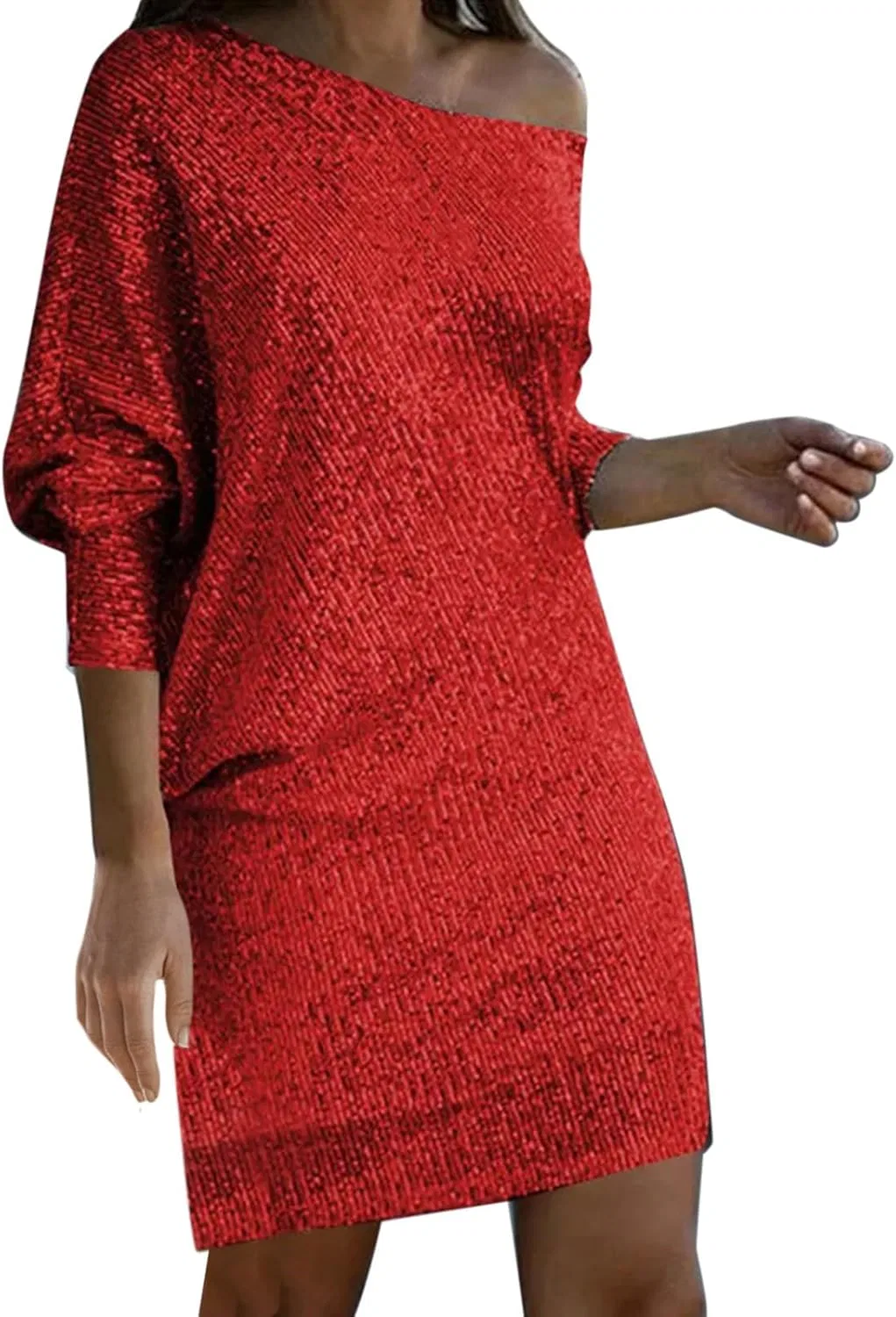 Женское мини-платье с одним плечом пайетки, Red