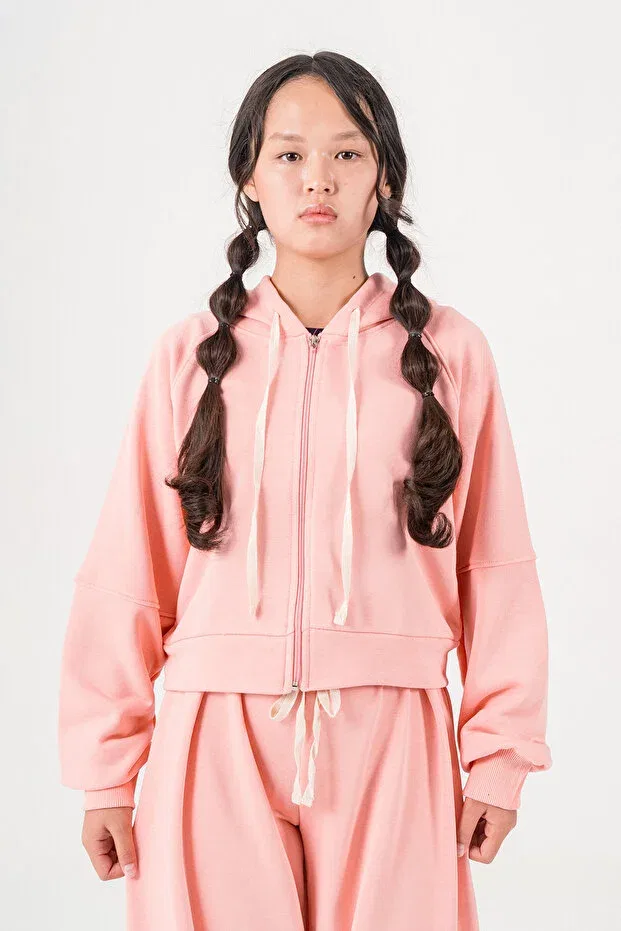 Детский комплект для девочек из футера с капюшоном Oversized cut hooded girls' tracksuit set- 26k 6502 Kinderos, Pink
