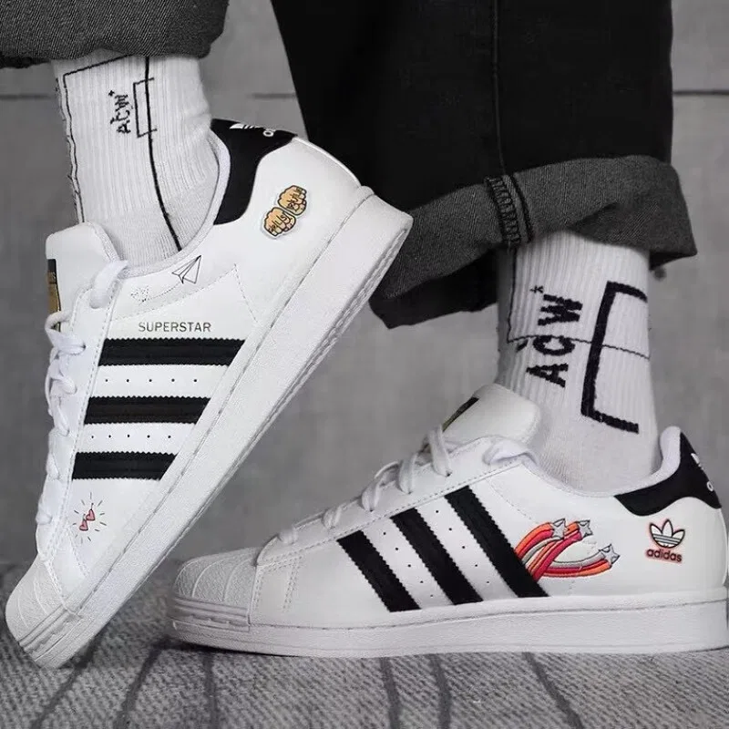 Детские кроссовки для скейтбординга с круглым носком SUPERSTAR J Adidas Originals, White Black Blue — фото 3