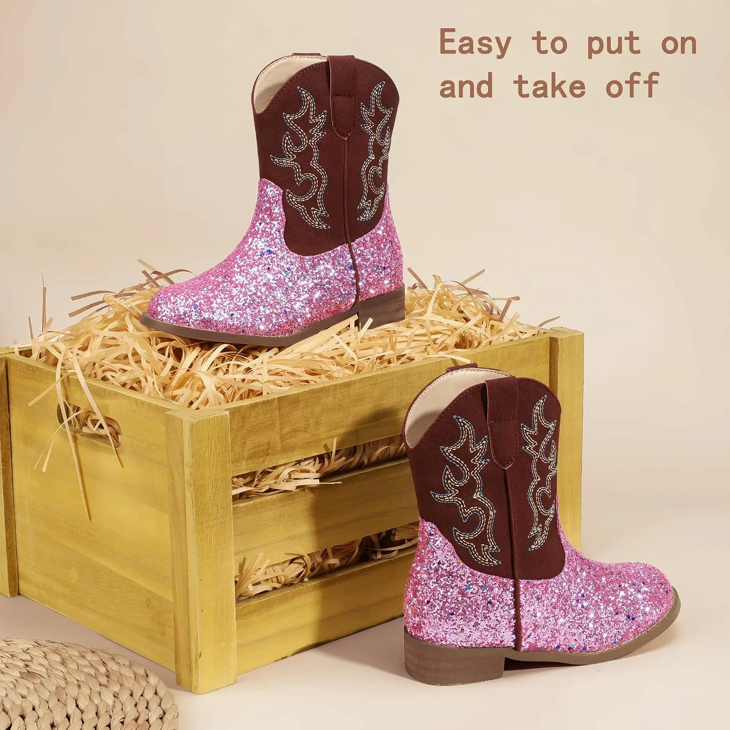 Детские сапоги для девочек с вышивкой Cowgirl Boots PANDANINJIA, Pink Sequin — фото 4