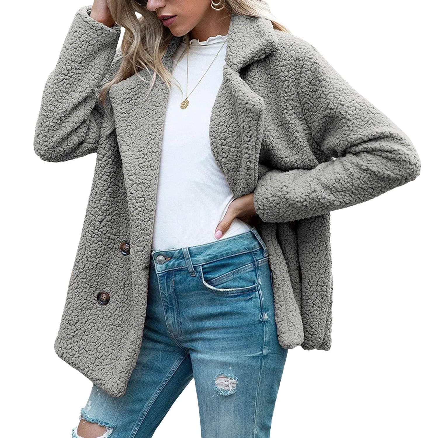 Женское длинное пальто из искусственного меха с принтом, модель Oversized Warm Jacket, bright grey (ral 7035) — фото 3