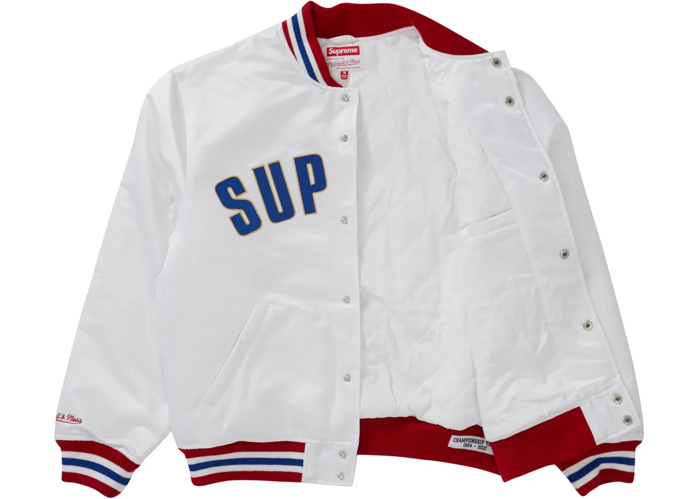 Мужская куртка-бейсболка с сатиновым покрытием Supreme Mitchell & Ness Satin Varsity Jacket, White — фото 3