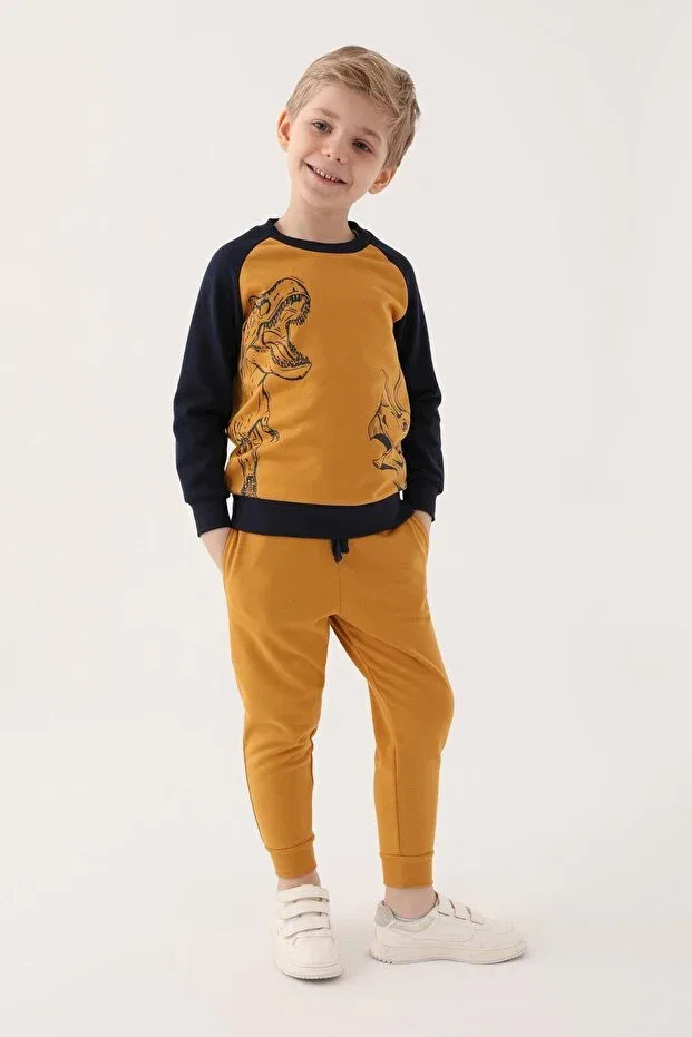 Детский спортивный костюм для мальчиков с принтом RolyPoly Dinosaur Printed O Neck Tracksuit Roly Poly, Hardal — фото 3
