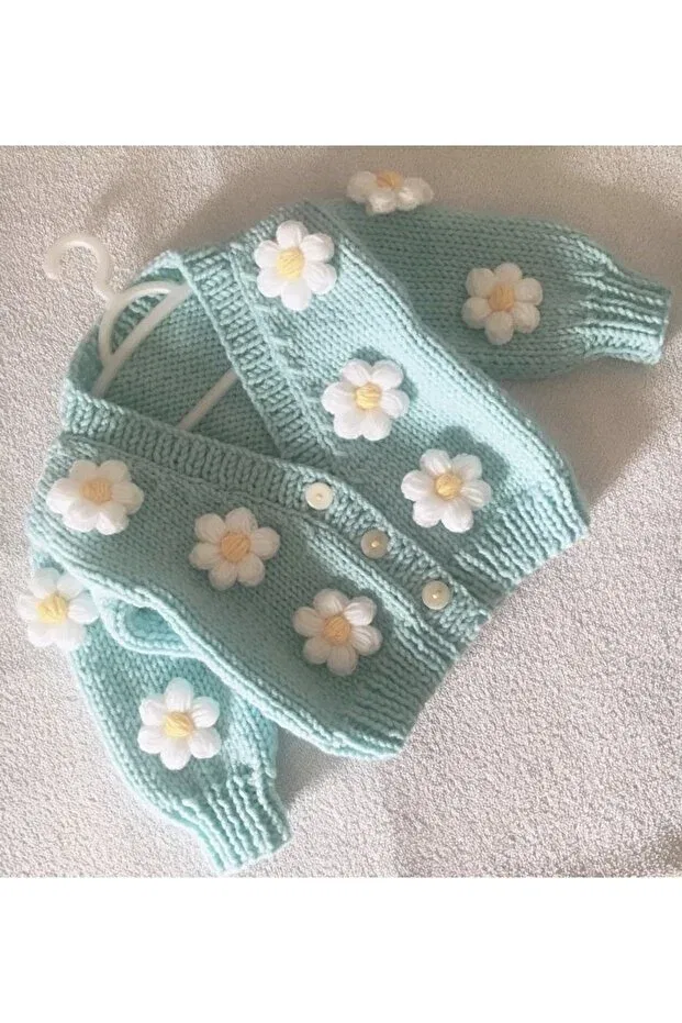 Детский кардиган для девочек с принтом Hand knitted daisy crop baby cardigan Izmirblanket, Mint — фото 2