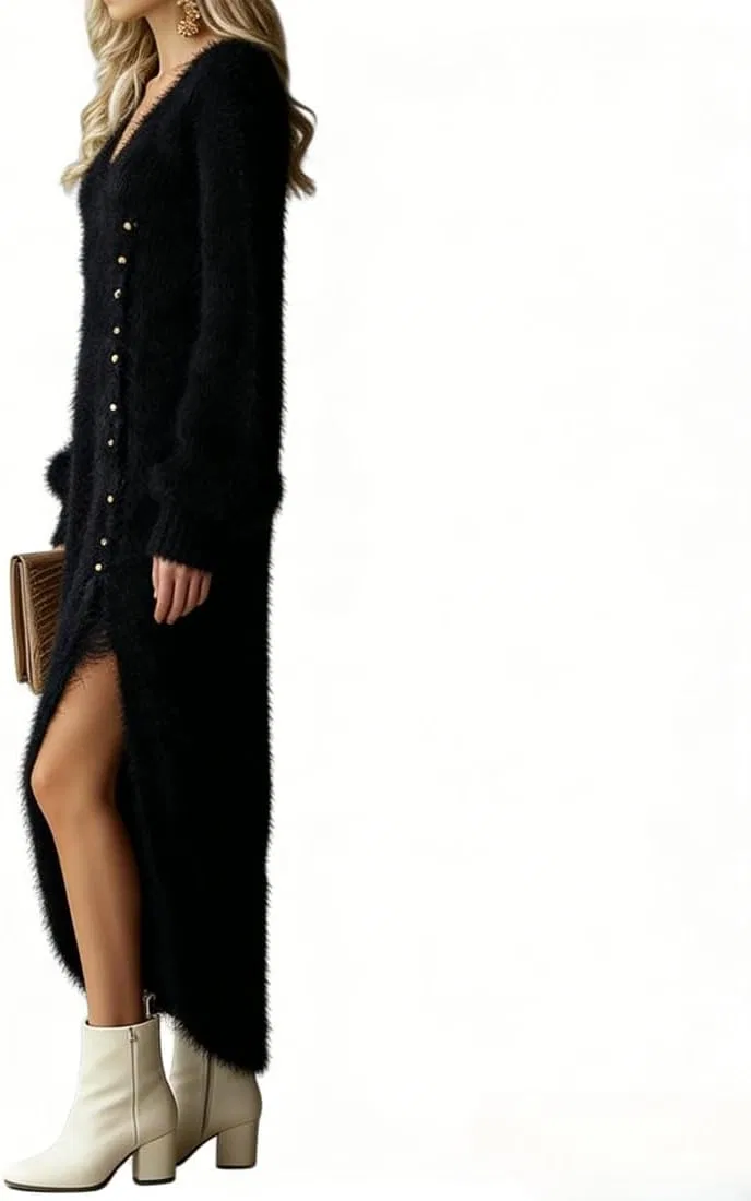 Женское платье из футера с V-образным вырезом, Fuzzy Sweater Dress, чёрный — фото 3