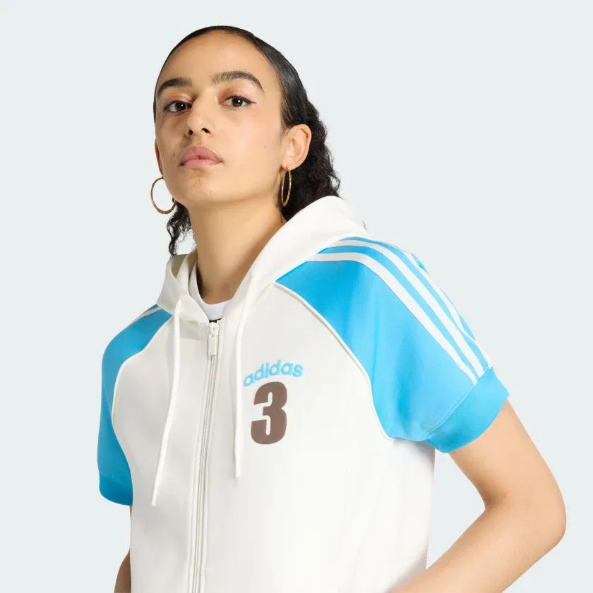 Женская олимпийка adidas с коротким рукавом на молнии VINTAGE SUPERSTAR TRACK TOP, Off White / App Sky Rush — фото 4
