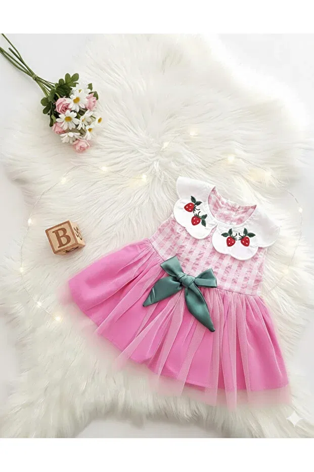 Детское платье для девочек с принтом Baby Girl Strawberry Collar Bow Dress Kokosh _ Kidss Burcu Sapmaz, Pink
