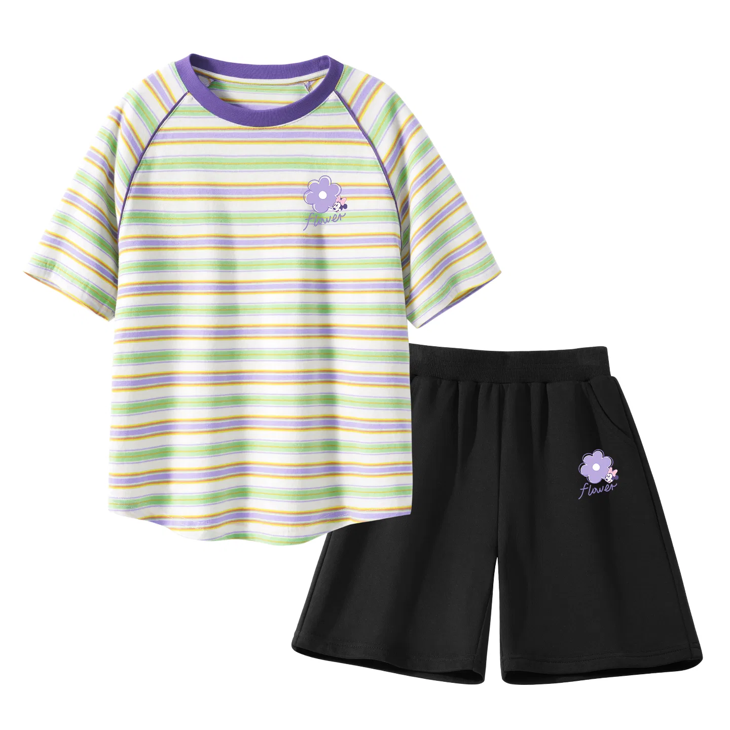 Детский спортивный костюм с круглым вырезом, тонкий и дышащий, Disney, Violet Stripes/Black