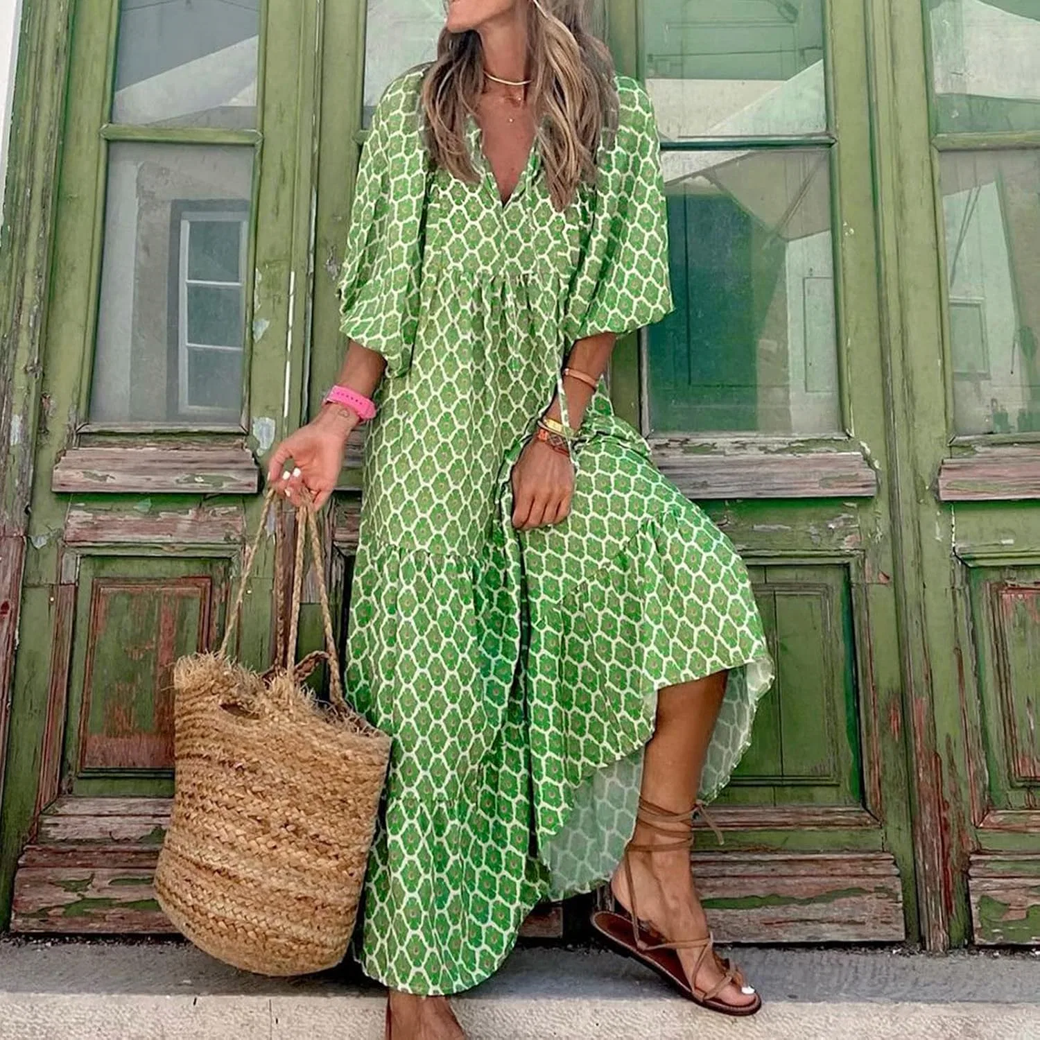 Женское свободное макси-платье с геометрическим принтом, Mint Green — фото 2