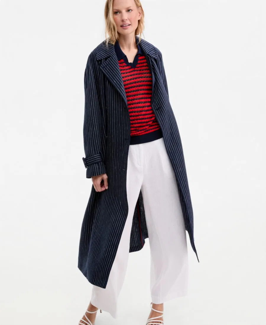 Пальто-тренч из льна с принтом в полоску Nautical Stripe Trench Coat Tommy Hilfiger, Pin Stripe Navy — фото 4