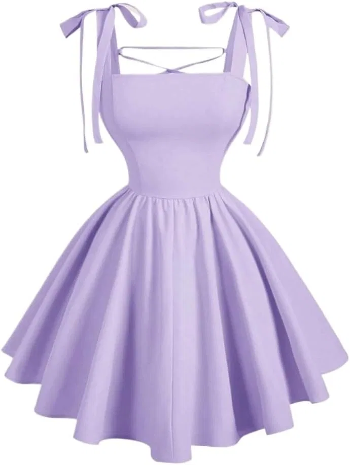 Женское короткое ками-платье на бретелях без спинки с бантом, Lilac Purple