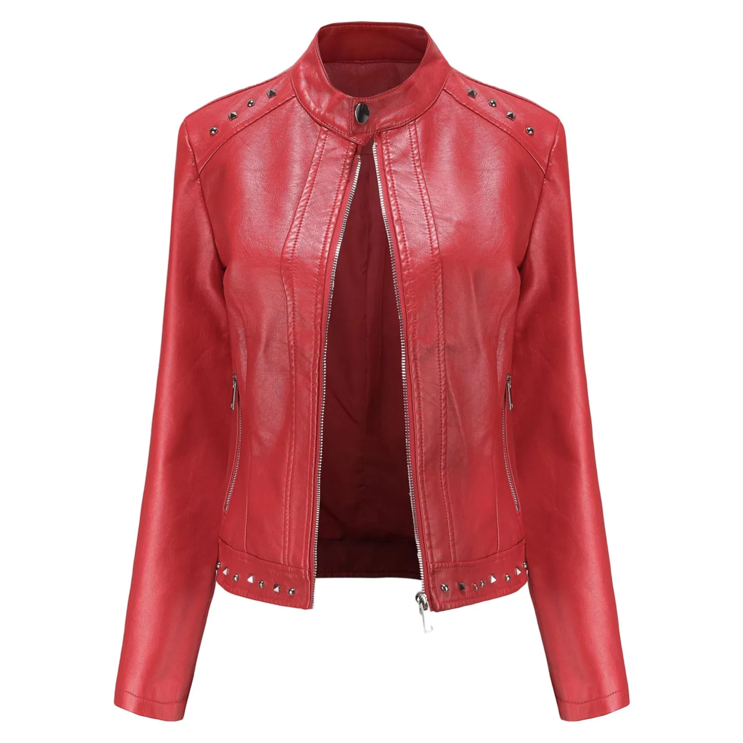 Женское стеганое пальто из искусственной кожи, Red