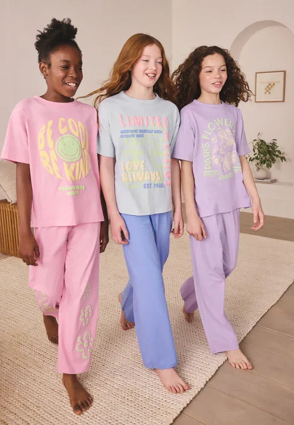 Набор пижам из 3 штук, хлопок, Regular fit - wide leg pyjamas 3 pack set, Next, pink lilac slogan, розовый/сиреневый