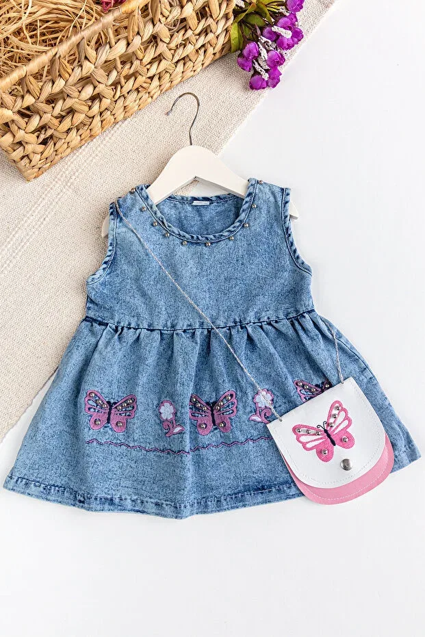 Детское джинсовое платье для девочек Butterfly embroidered beaded bag gift Babymod, Blue
