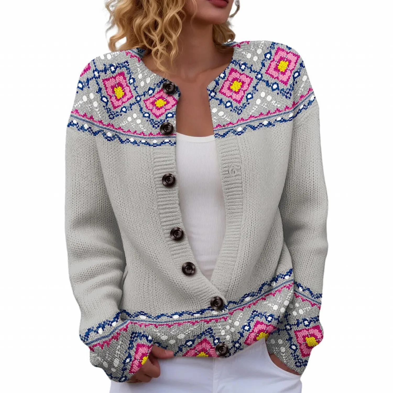 Женский кардиган с принтом Fair Isle, 01#grey