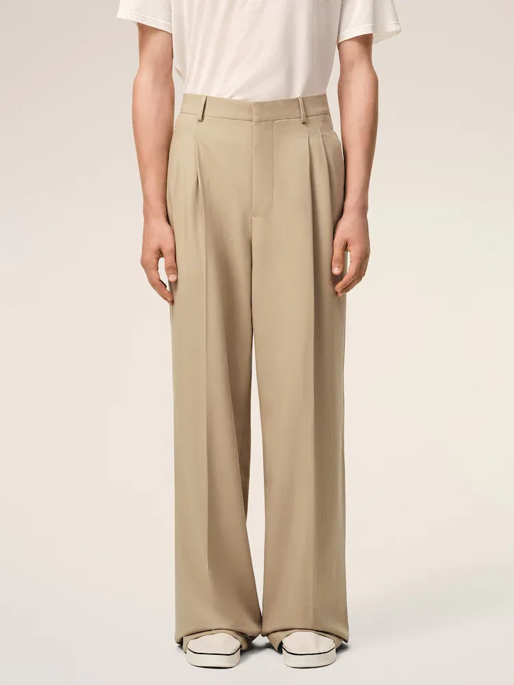 Широкие брюки с двумя складками Low Waist AMI PARIS, Beige Taupe — фото 2