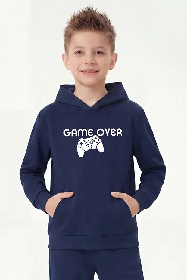 Детские свитшот для мальчиков с принтом 3-Piece kangaroo pocket hooded detailed printed boys' sweatshirt with 3 pockets Fyk Kids, Navy-Black-Grey — фото 2