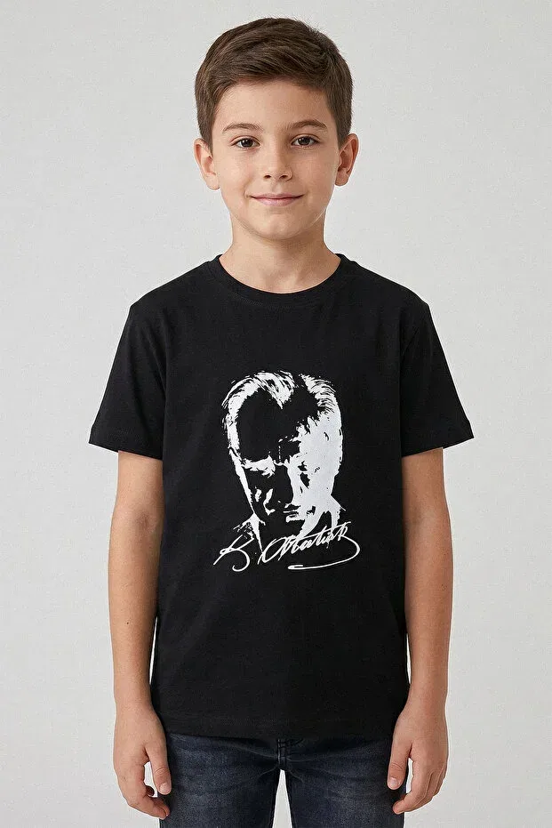 Детская футболка с принтом Unisex kids' crew neck ataturk printed short sleeve t-shirt - 26y 1881 Kinderos, Black