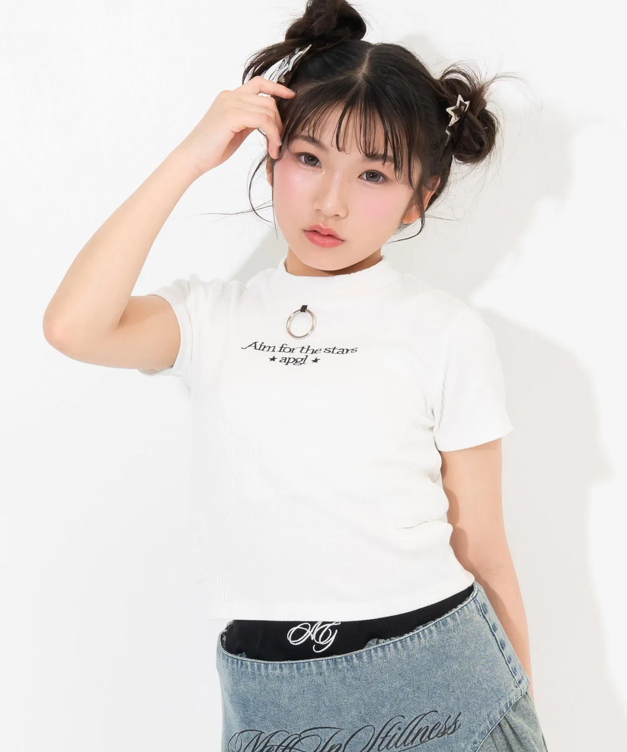 Детская футболка с принтом, короткий рукав, модель Side Aki Mini Neck Rib Ring ANAP GiRL, White — фото 3