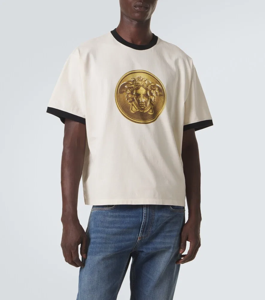 Хлопковая трикотажная футболка с изображением Медузы Versace, белый — фото 3