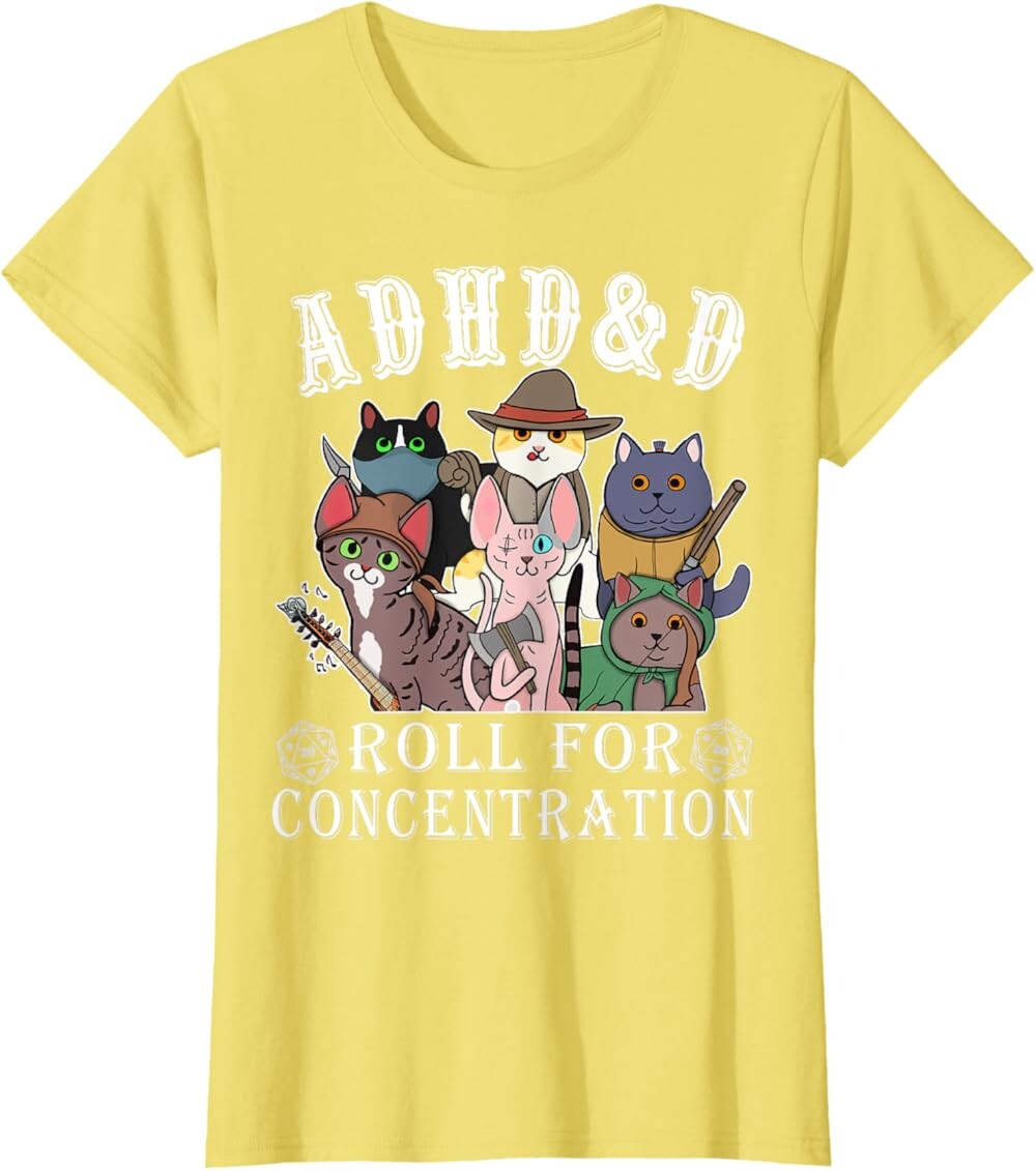 

Женская футболка Funny Tees Gamer RPG Apparel Cats RPG Gamer Roll For Concentration D20 Dice Nerdy, желтый