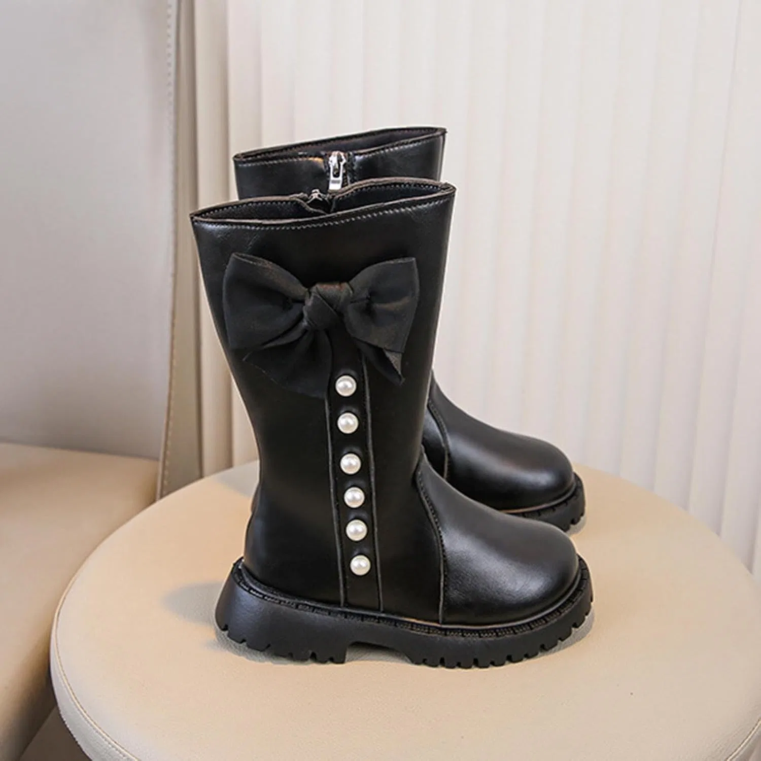 Детские сапоги для девочек с принтом Bow Pearls Zzalalana, Black — фото 2