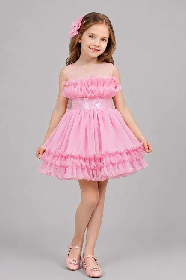 Детское вечернее платье для девочек с пайетками Girl'S transparent straps round neckline sequin belted skirt layered tulle fluffy pink evening dress Riccotarz, Pink