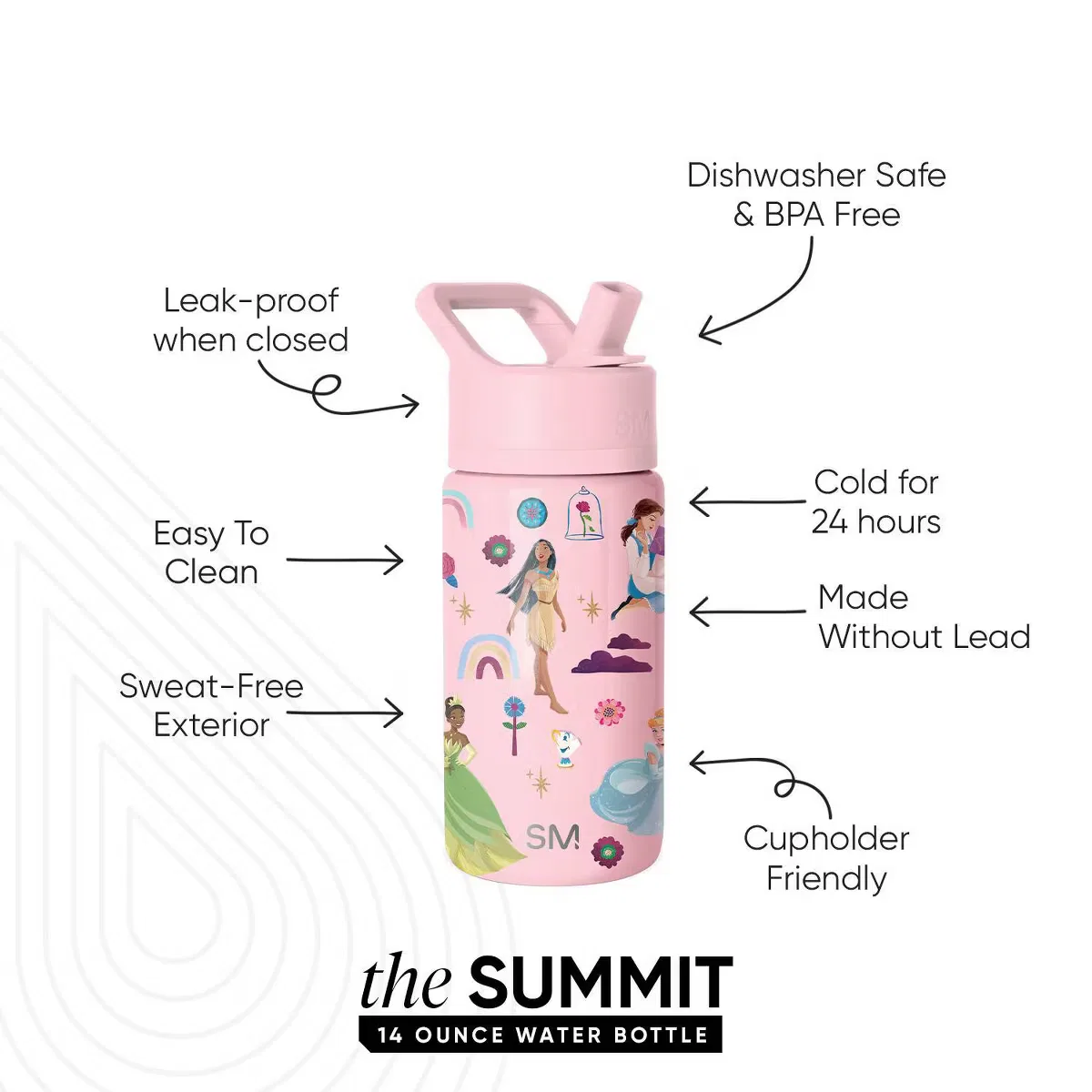 Детская бутылка для воды 14 унций (414 мл) с трубочкой Summit Disney Princess Simple Modern, Light Pink — фото 2