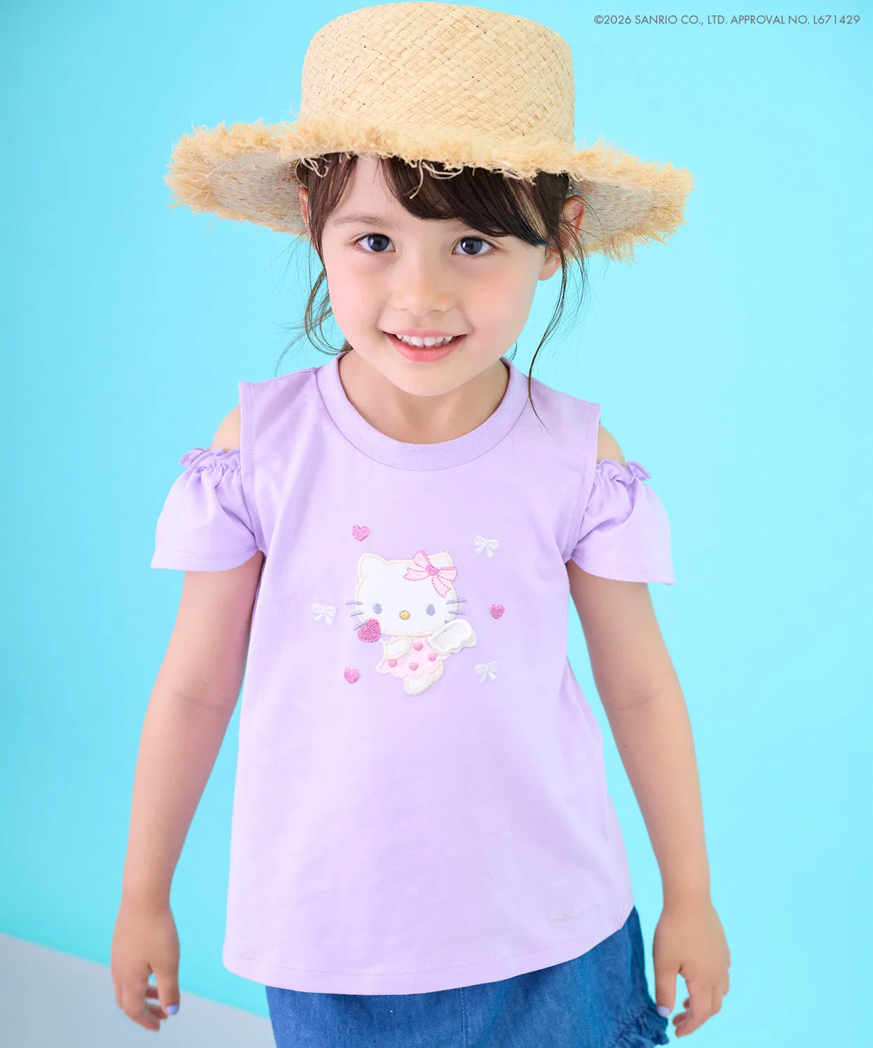 Детская футболка с принтом Hello Kitty с открытыми плечами, модель Sanrio Characters, petit main, Lavender