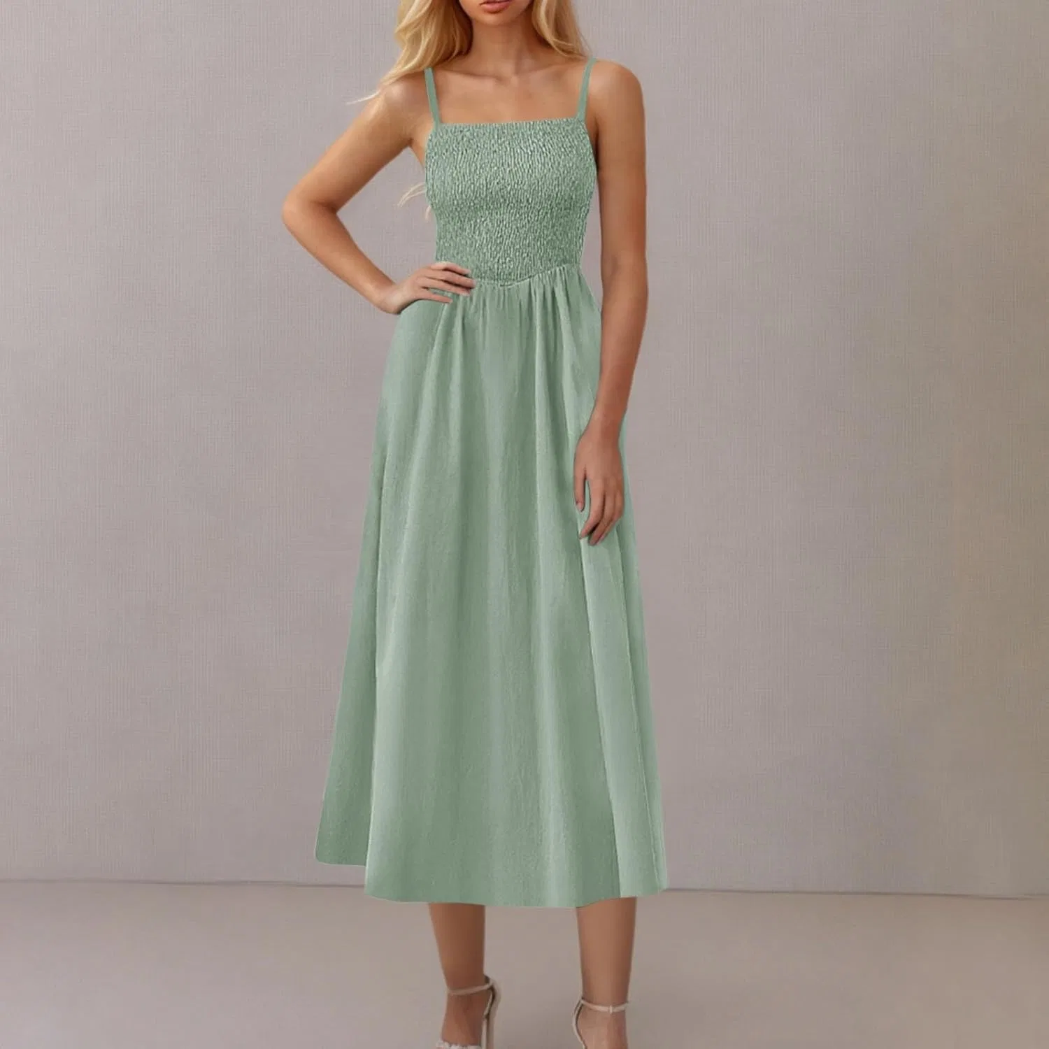 Женское летнее платье миди на бретелях с квадратным вырезом, Mint Green — фото 3