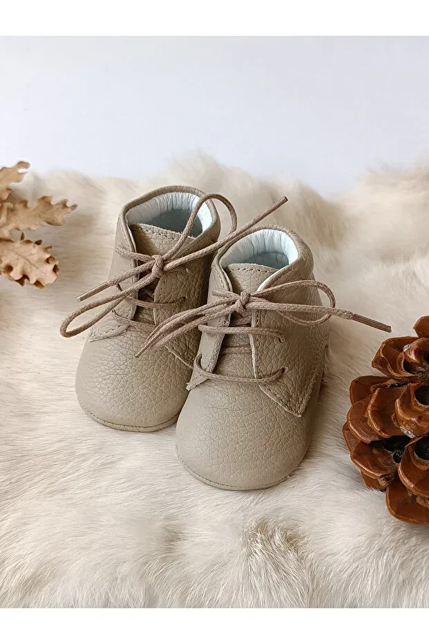 Детские пинетки из натуральной кожи для новорожденных Mink genuine leather baby booties Hodore, Taupe