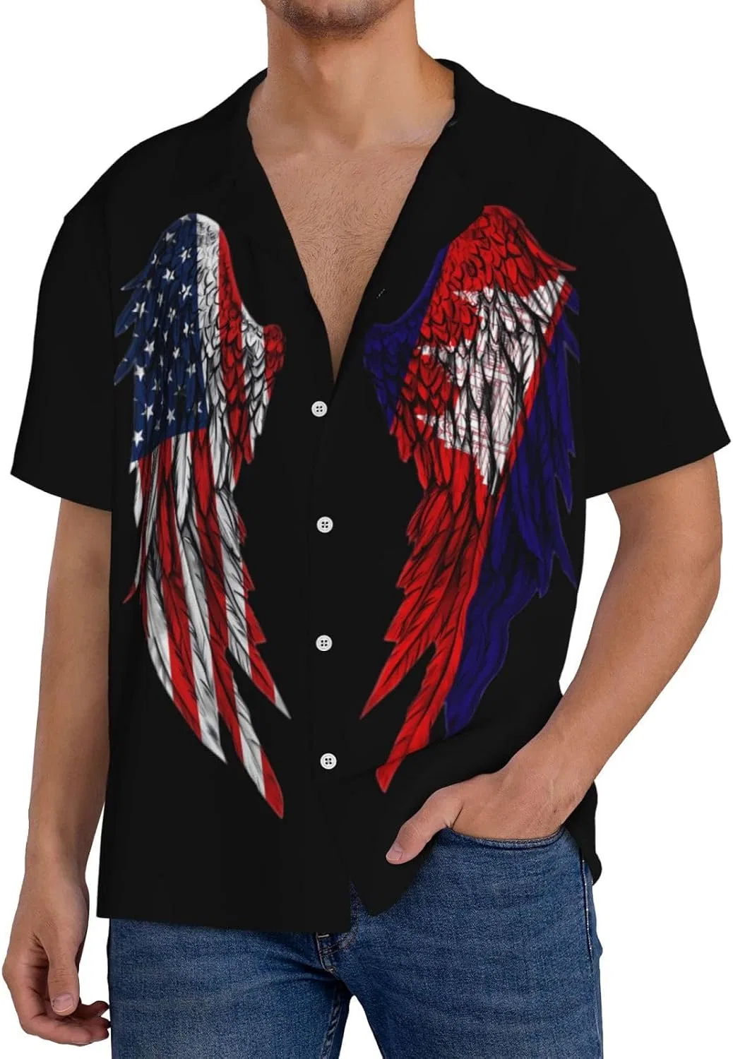 Мужская повседневная рубашка с коротким рукавом и воротником-куба Wings America Cambodia, Black