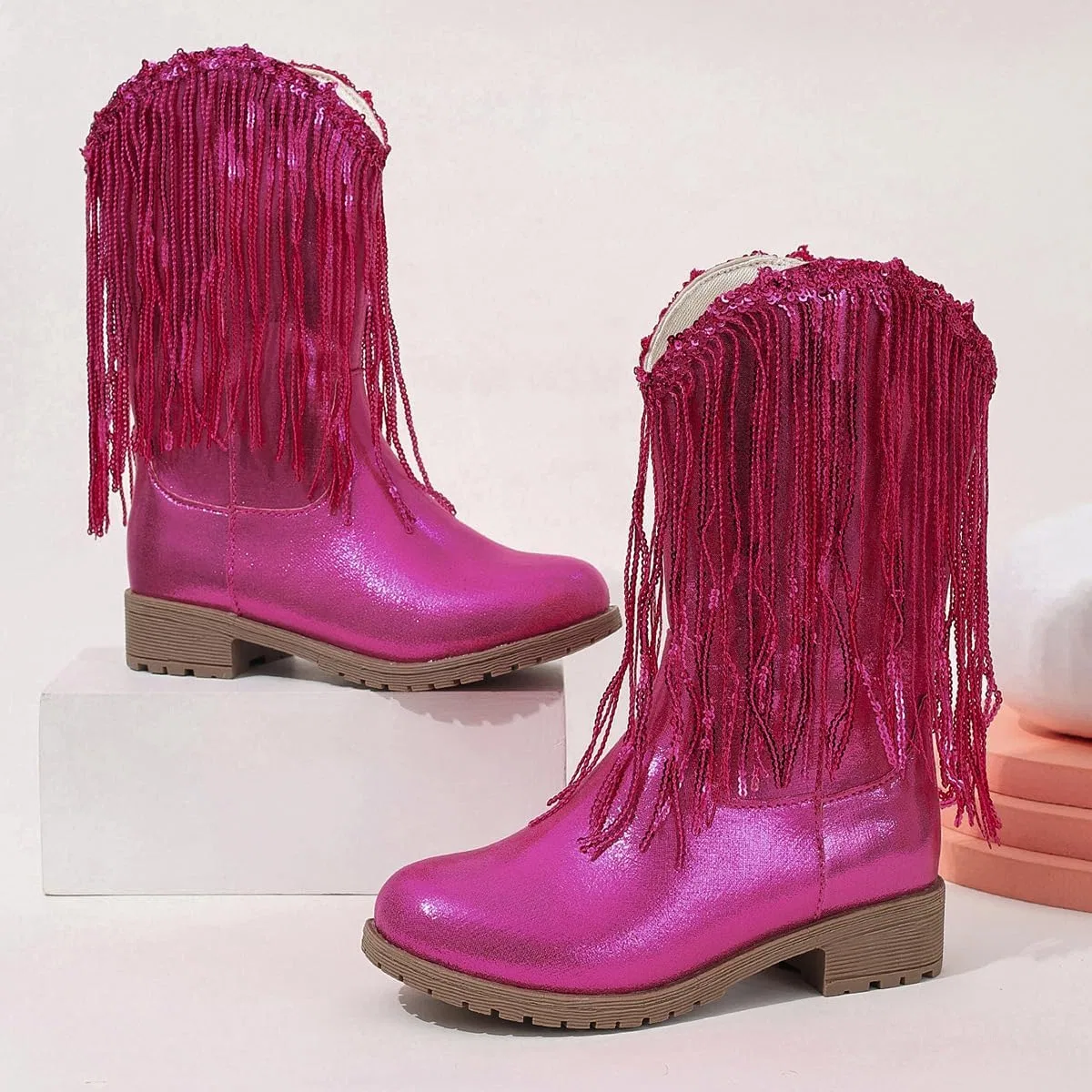 Детские зимние сапоги для девочек с кисточками и пайетками Princess Boots Auhoho, Rose — фото 4