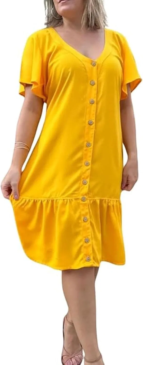Женское платье на пуговицах с рюшами Cotton Linen, Yellow